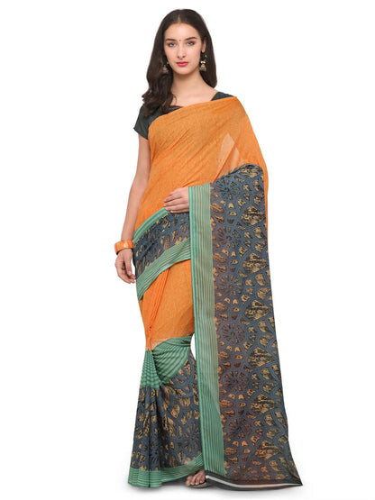 Women's Yellow Cotton Blend Printed Saree