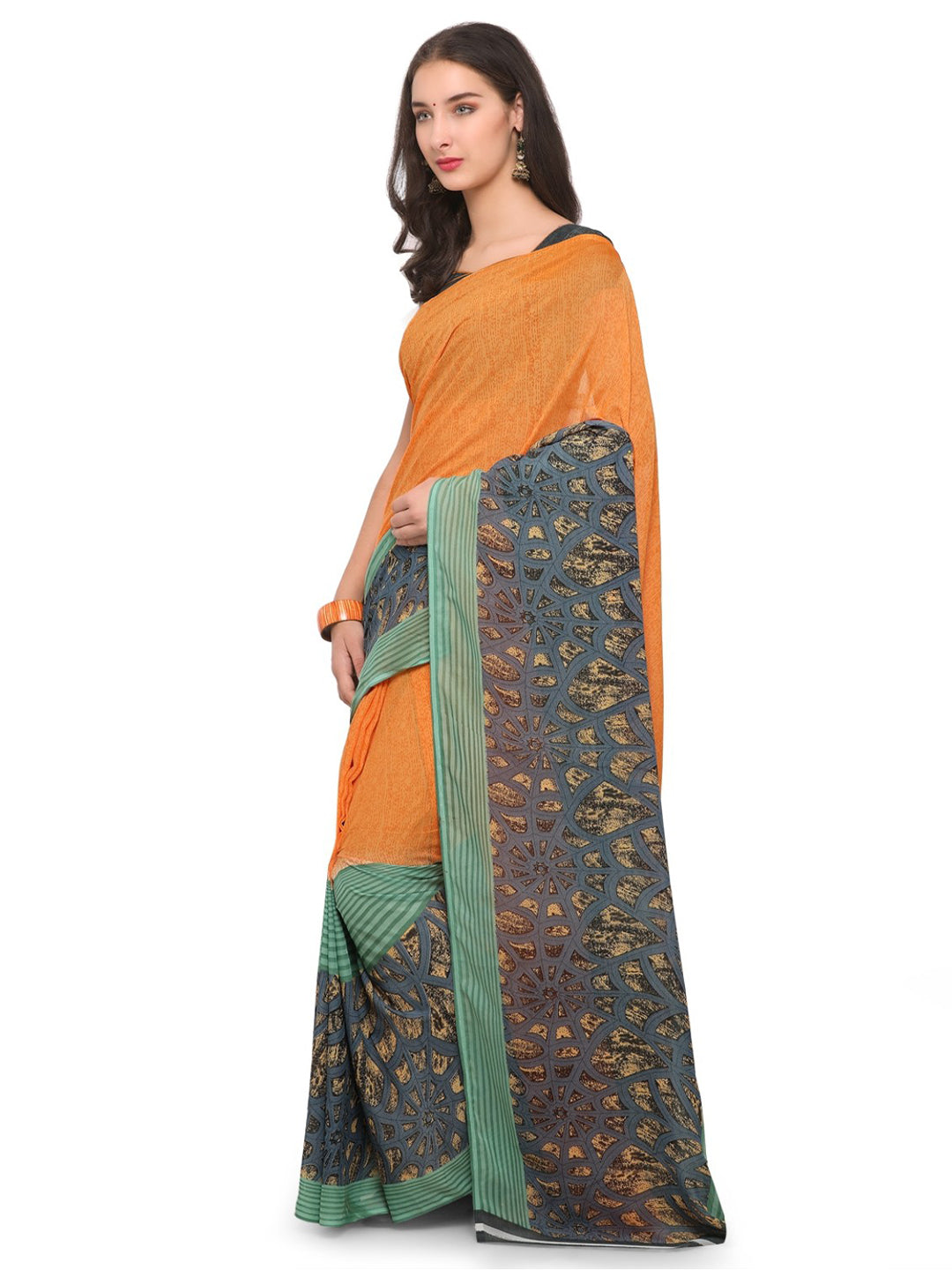 Women's Yellow Cotton Blend Printed Saree