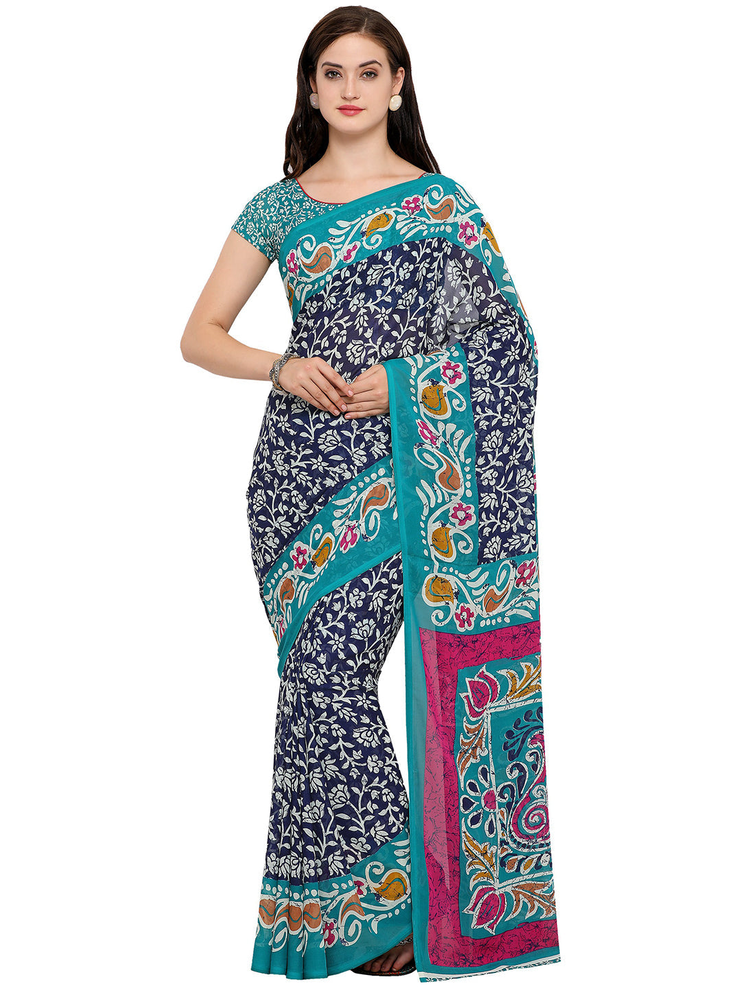Women's Blue Cotton Blend Printed Saree