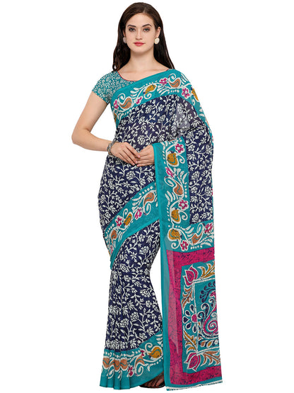 Women's Blue Cotton Blend Printed Saree