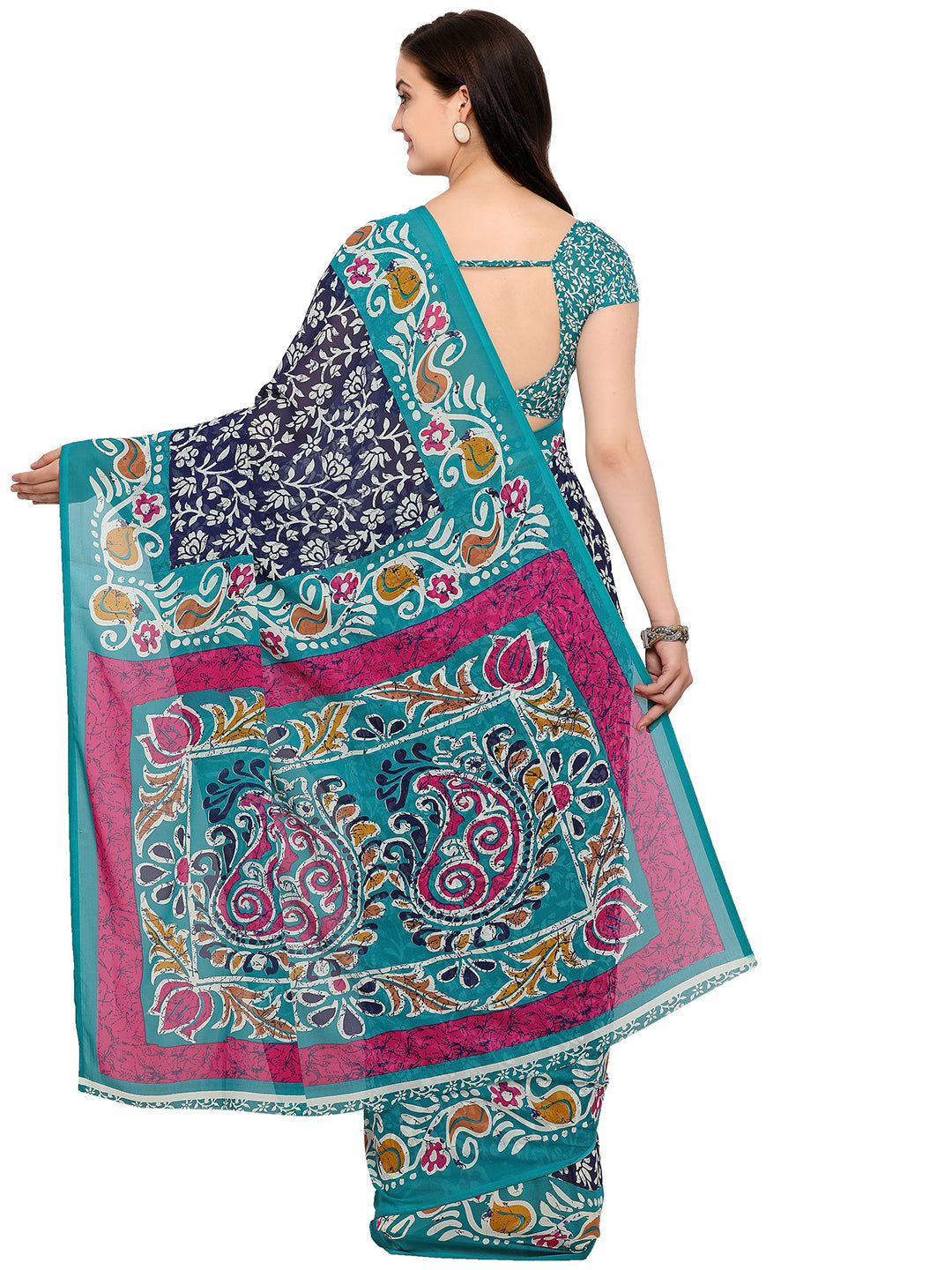 Women's Blue Cotton Blend Printed Saree