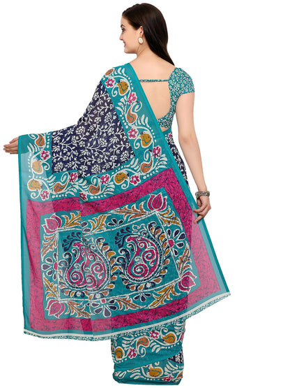Women's Blue Cotton Blend Printed Saree