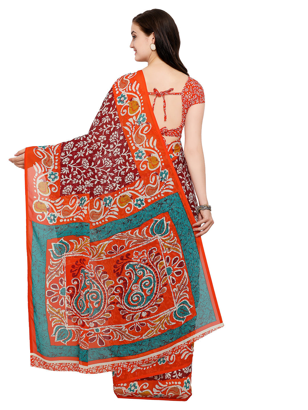 Women's Orange Cotton Blend Printed Saree