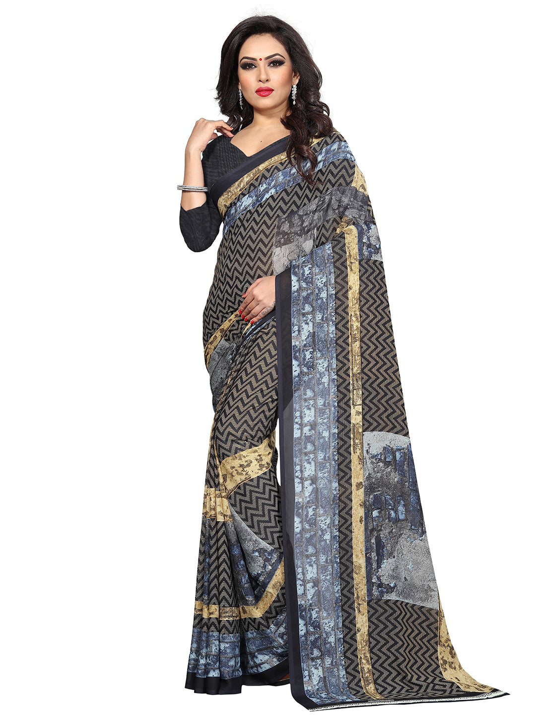 Women's Black Cotton Blend Self Design Saree