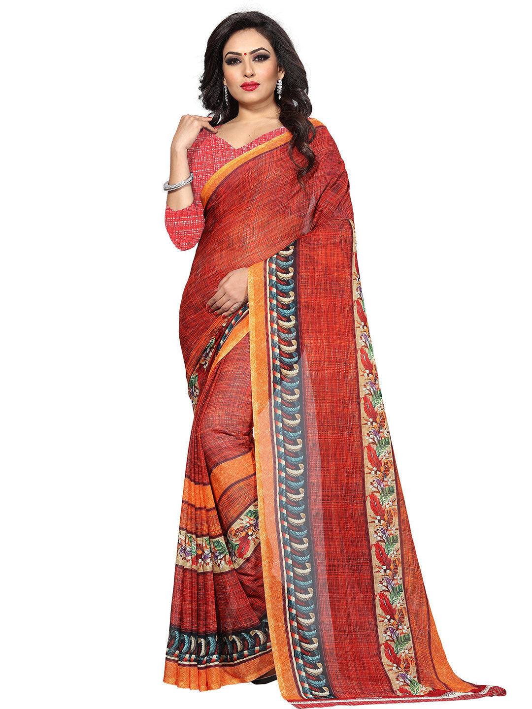 Women's Red Cotton Blend Printed Saree