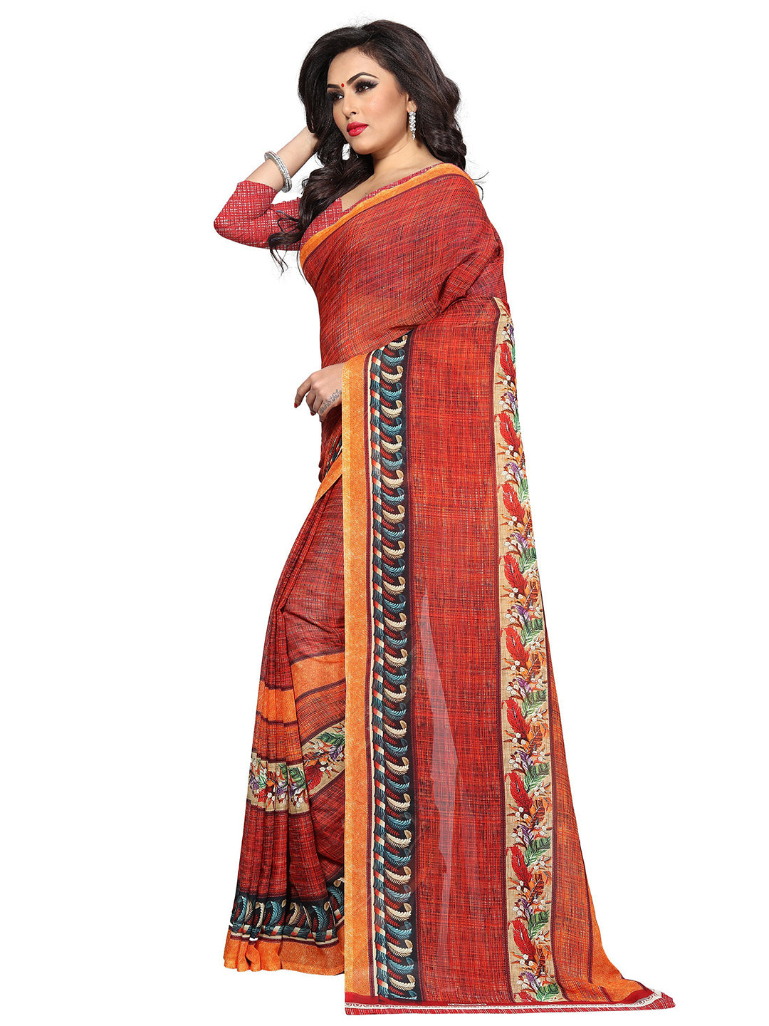 Women's Red Cotton Blend Printed Saree