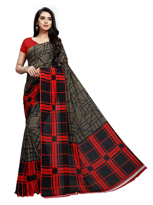 Women's Grey Georgette Checkered Saree