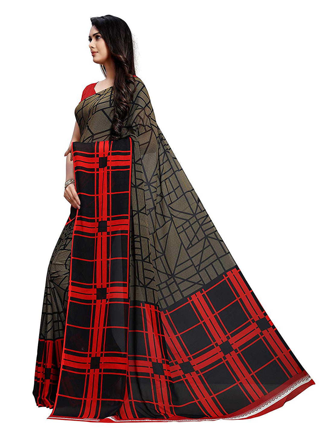 Women's Grey Georgette Checkered Saree