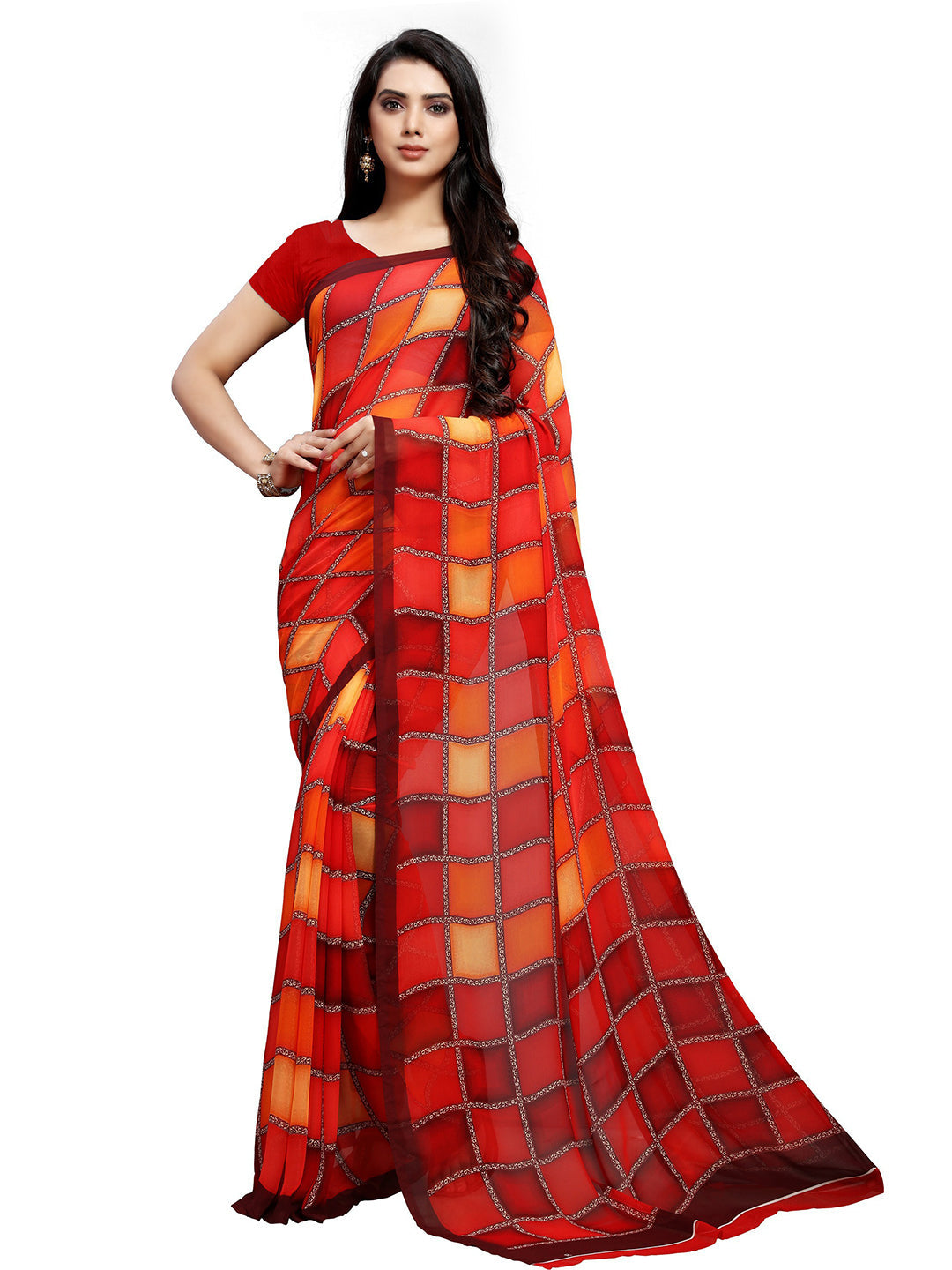 Women's Orange Georgette Checkered Saree