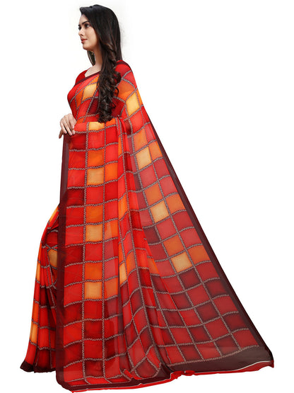 Women's Orange Georgette Checkered Saree