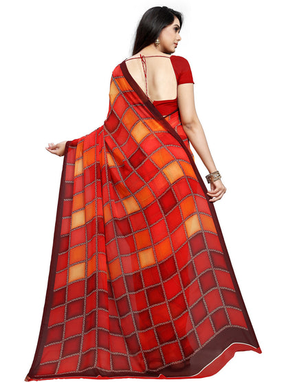 Women's Orange Georgette Checkered Saree