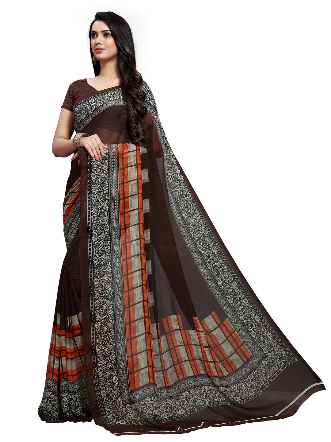 Women's Brown Georgette Checkered Saree