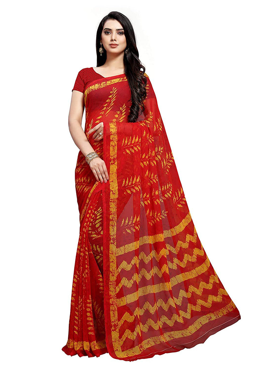 Women's Red Georgette Dyed Saree