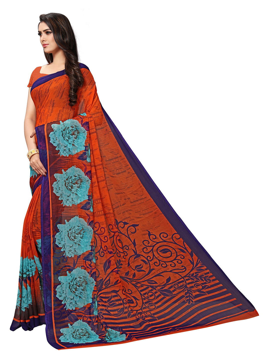 Women's Orange Georgette Printed Saree