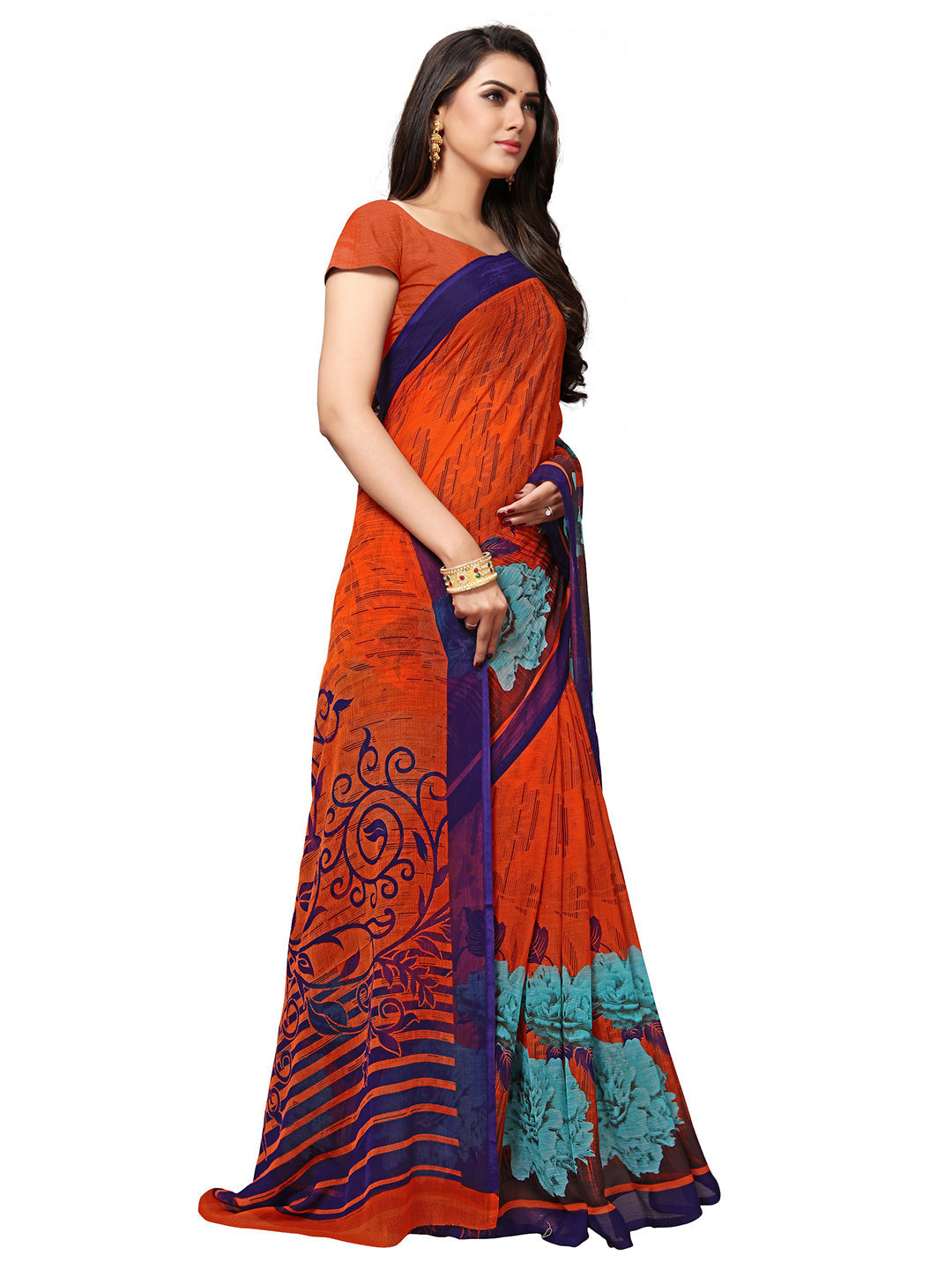 Women's Orange Georgette Printed Saree