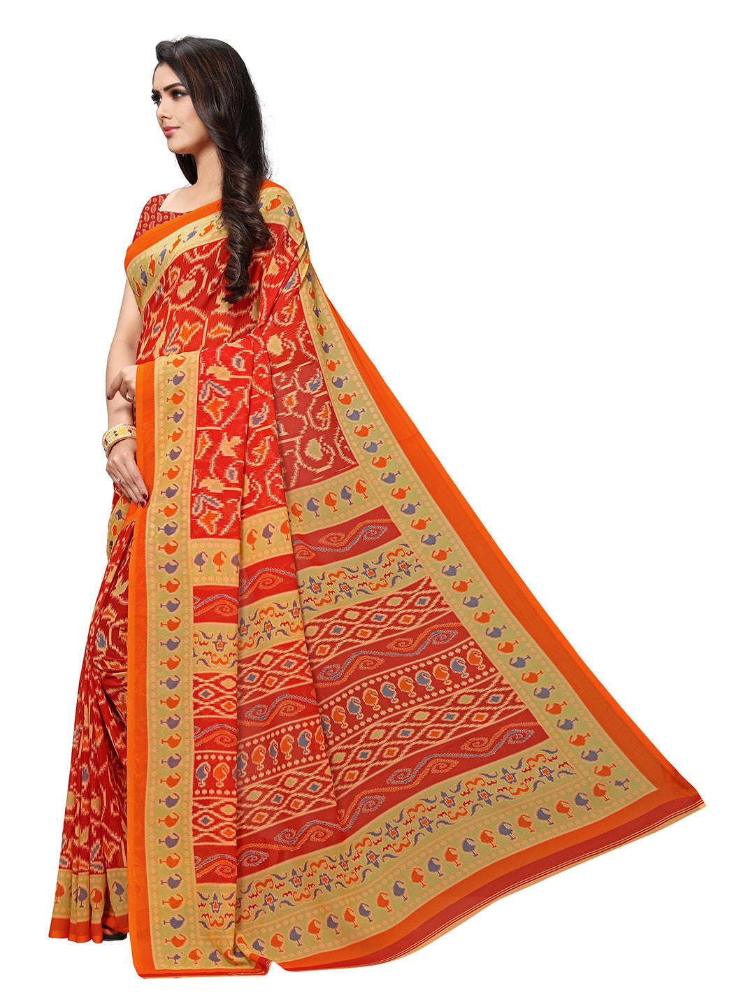 Women's Orange Georgette Printed Saree