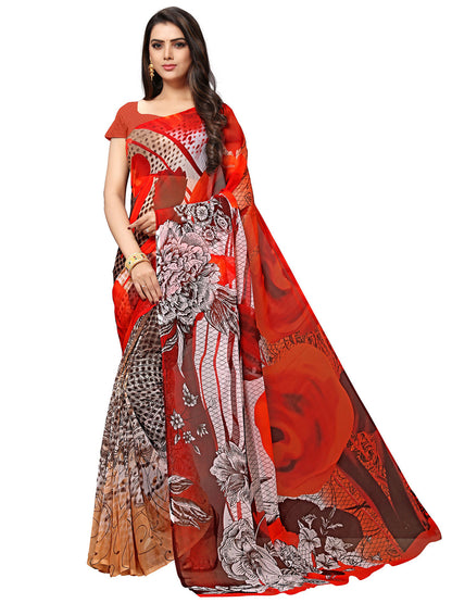Women's Red Georgette Printed Saree