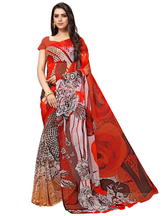 Women's Red Georgette Printed Saree