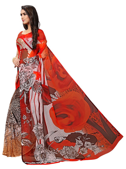 Women's Red Georgette Printed Saree