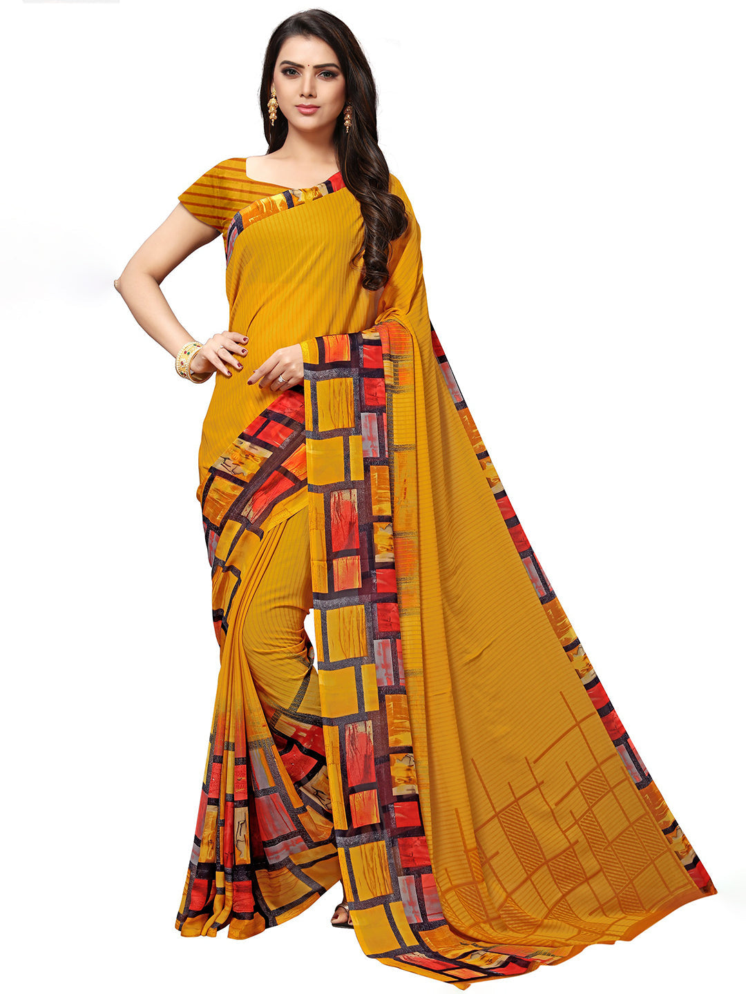 Women's Mustard Georgette Printed Saree