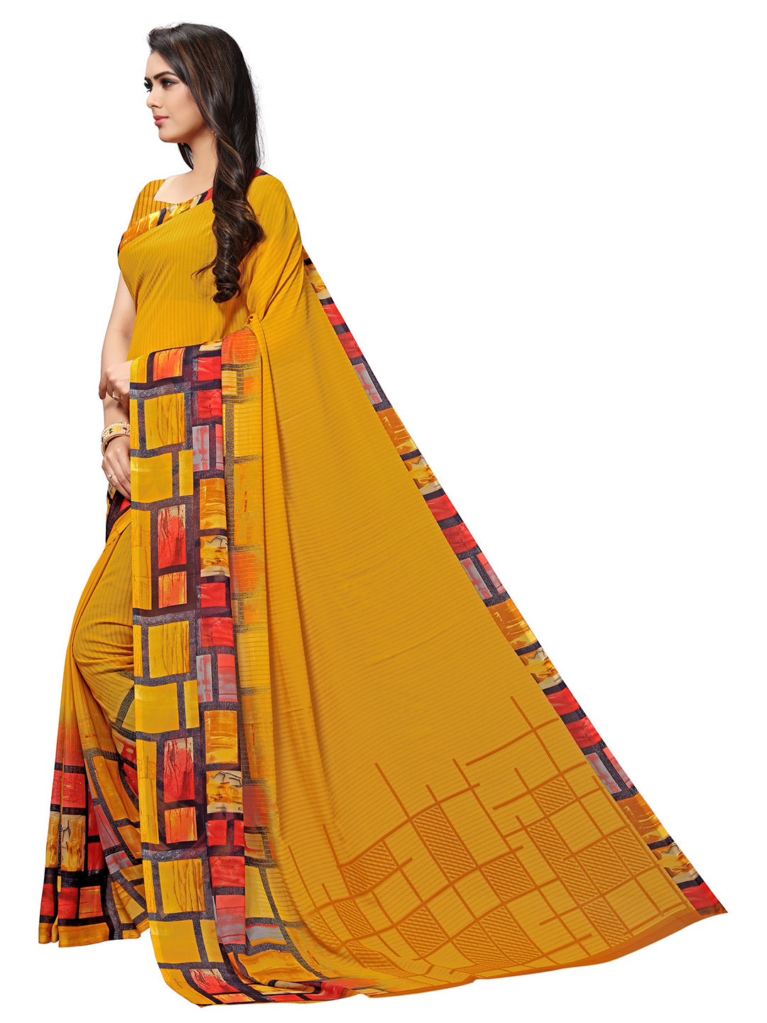 Women's Mustard Georgette Printed Saree