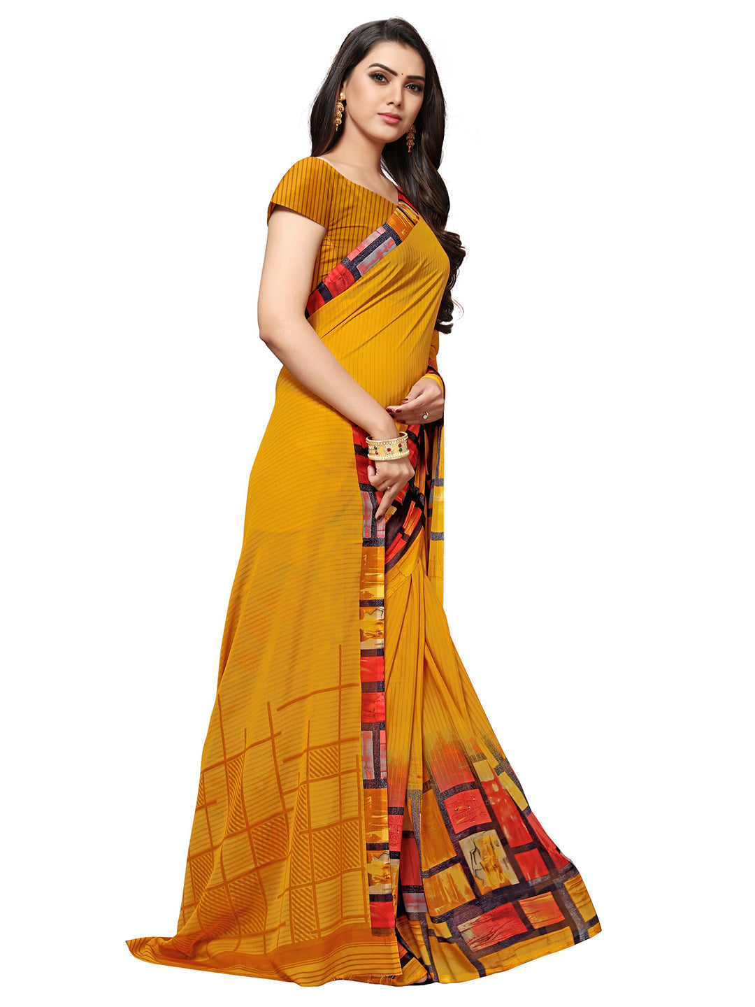 Women's Mustard Georgette Printed Saree