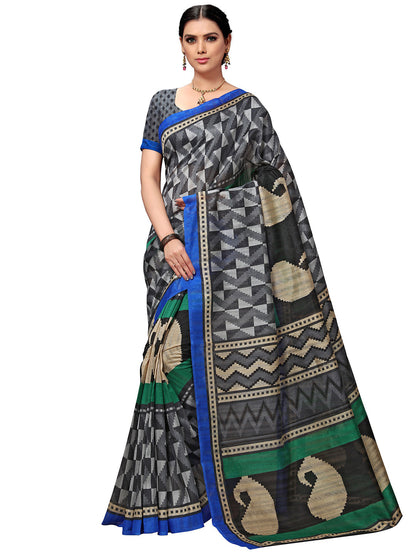 Women's Grey Tussar Silk Printed Saree