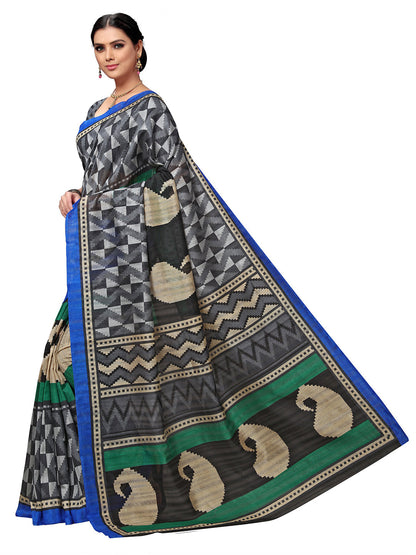 Women's Grey Tussar Silk Printed Saree