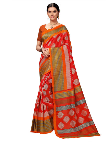 Women's Orange Tussar Silk Printed Saree