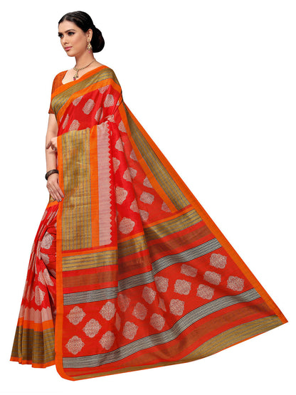 Women's Orange Tussar Silk Printed Saree