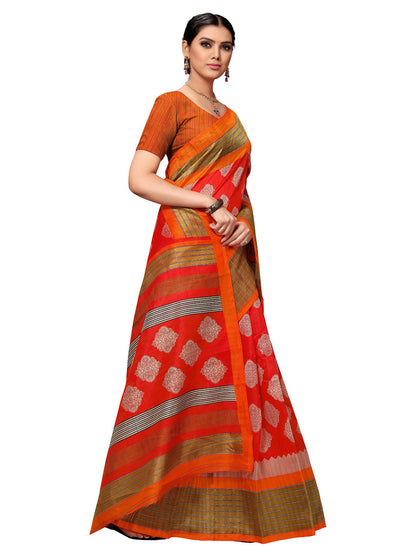 Women's Orange Tussar Silk Printed Saree