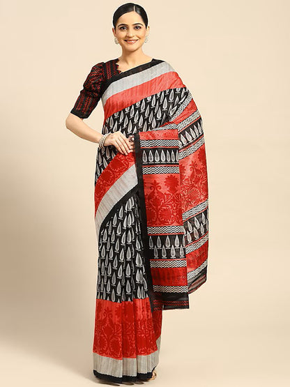 Women's Red Tussar Silk Printed Saree