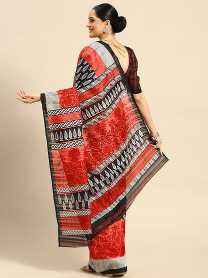 Women's Red Tussar Silk Printed Saree