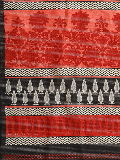 Women's Red Tussar Silk Printed Saree