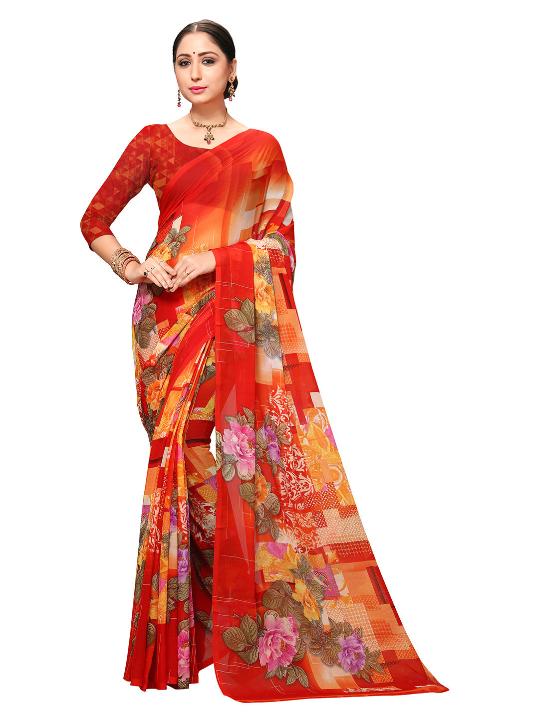 Women's Red Georgette Printed Saree