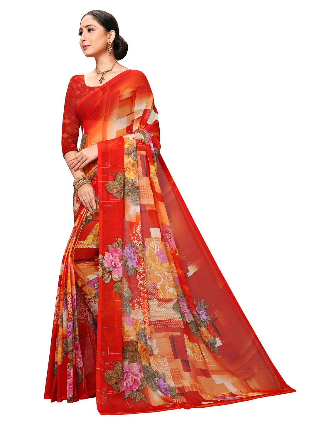 Women's Red Georgette Printed Saree