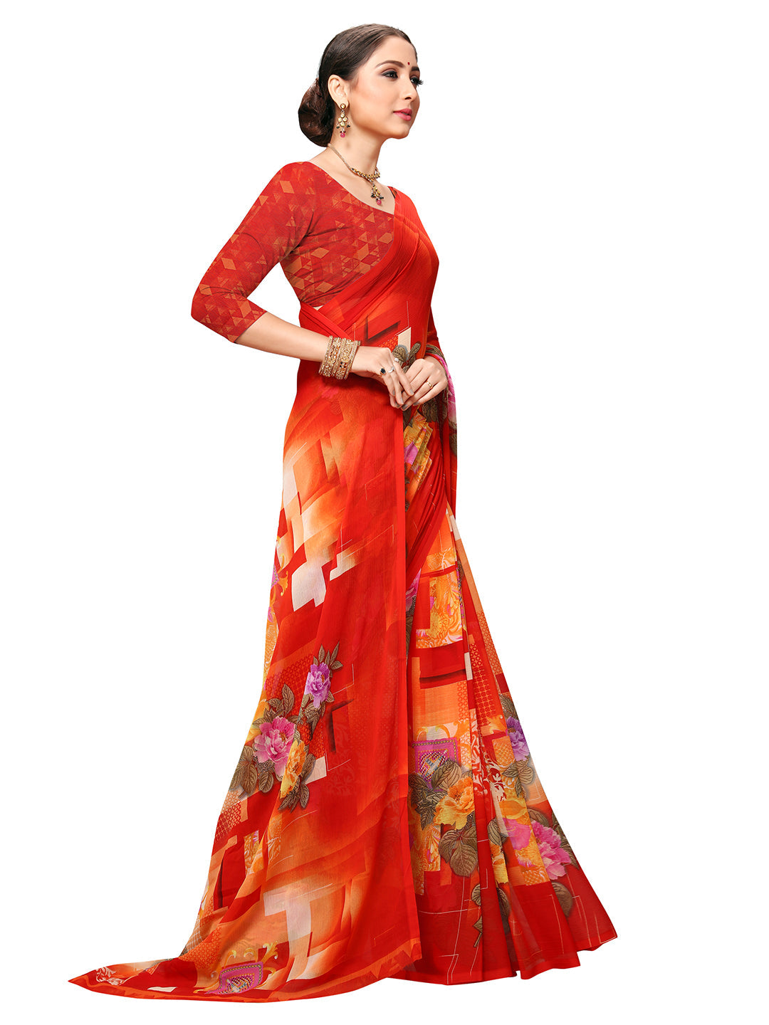 Women's Red Georgette Printed Saree