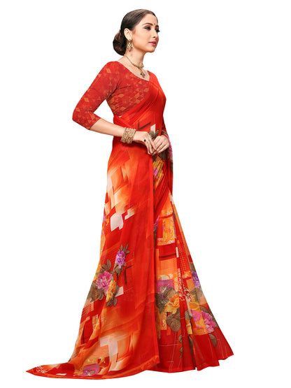 Women's Red Georgette Printed Saree
