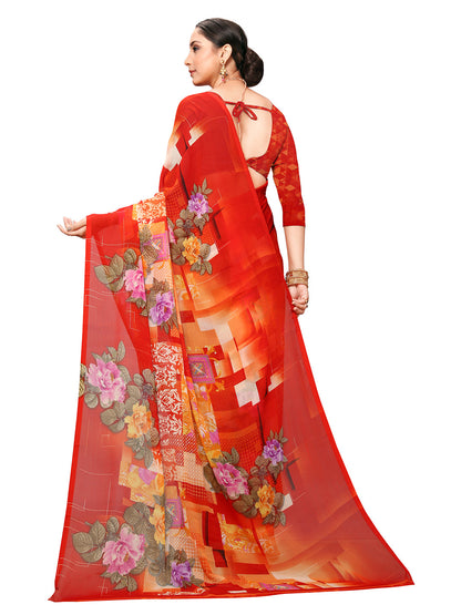Women's Red Georgette Printed Saree