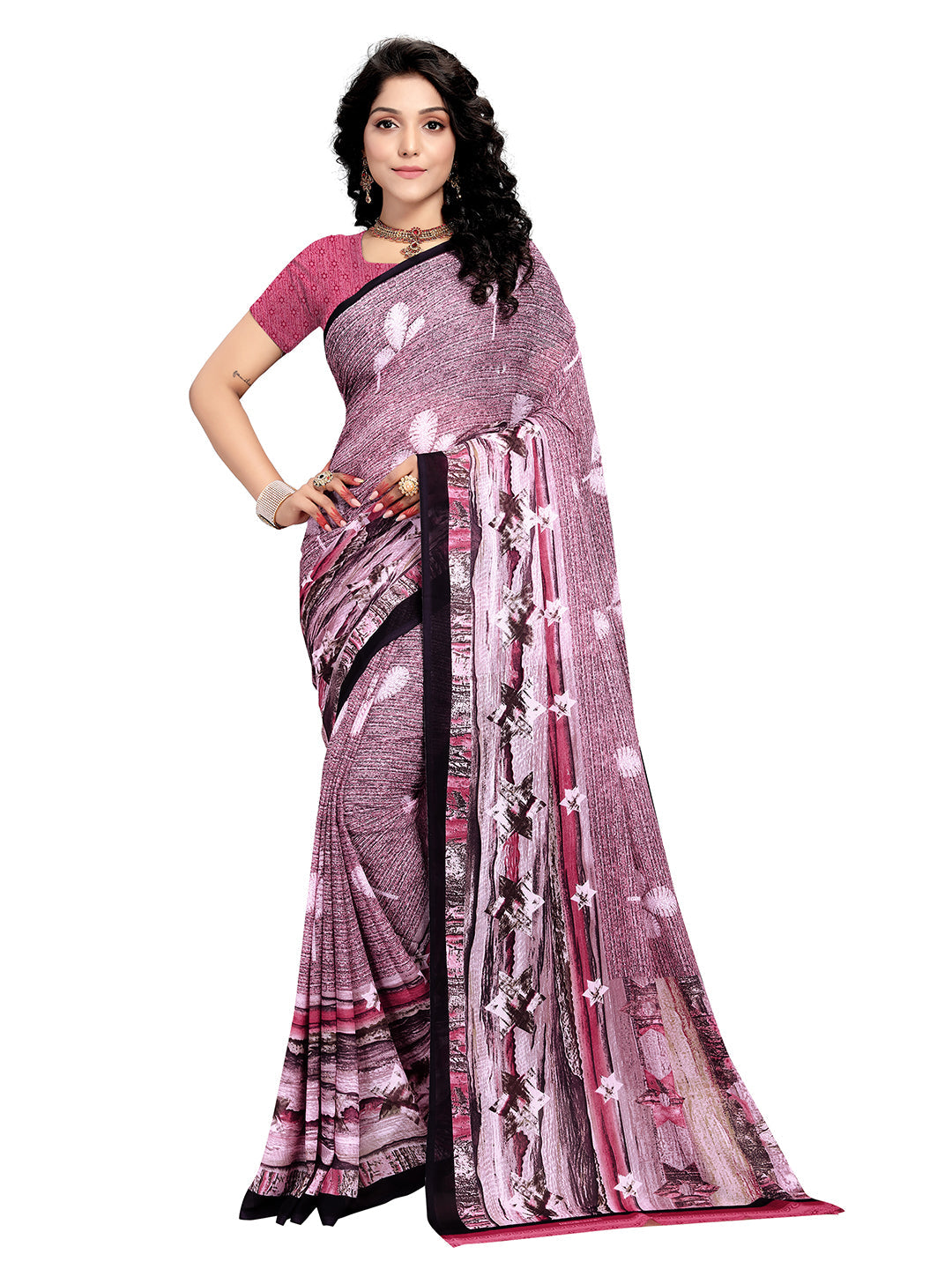 Women's Pink Georgette Printed Saree