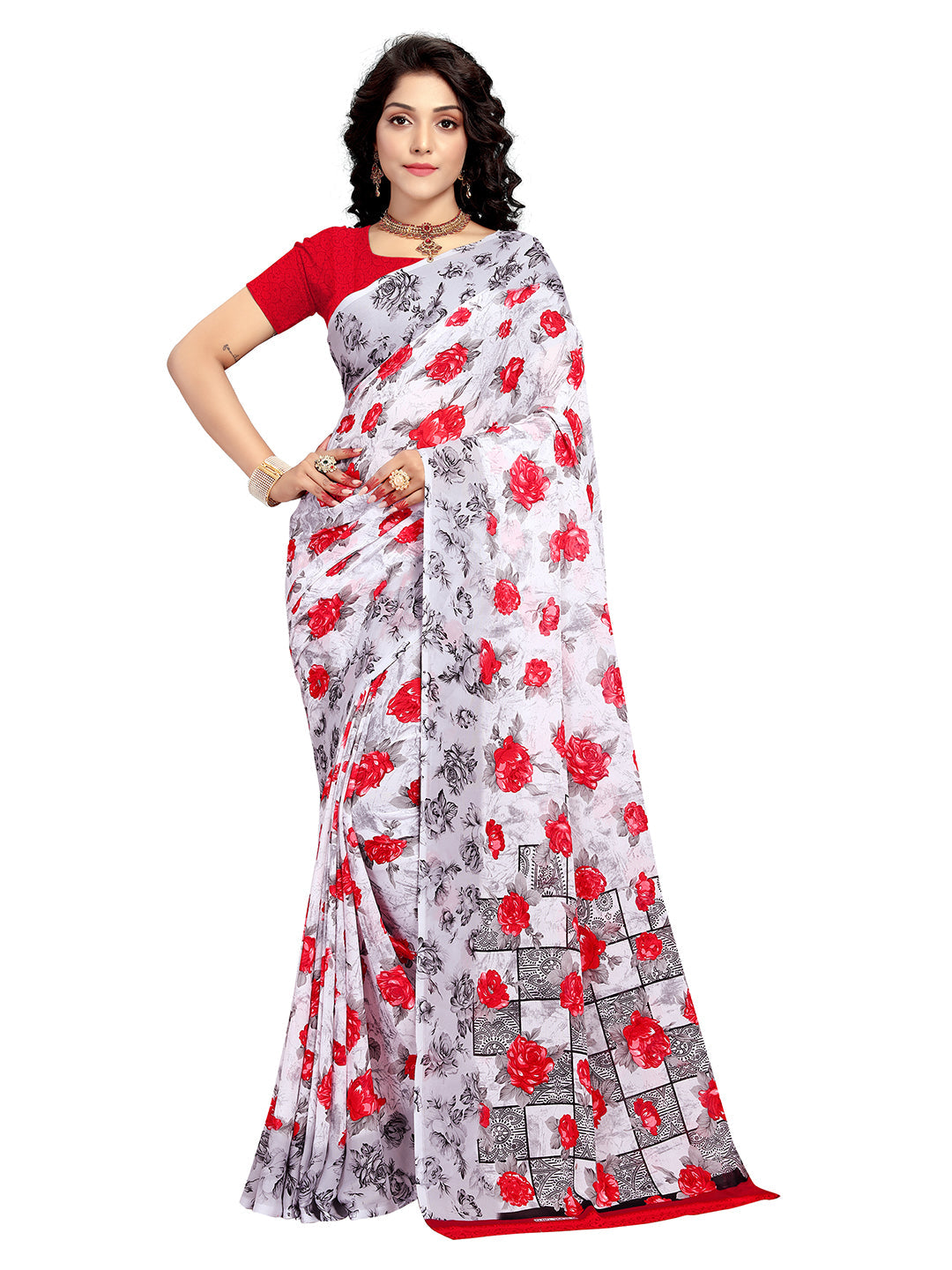 Women's White Georgette Printed Saree