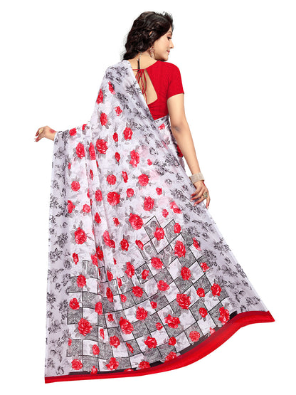 Women's White Georgette Printed Saree
