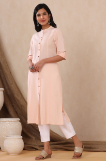 Women's Peach Cotton Flex Solid A-Line Kurta