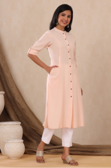 Women's Peach Cotton Flex Solid A-Line Kurta