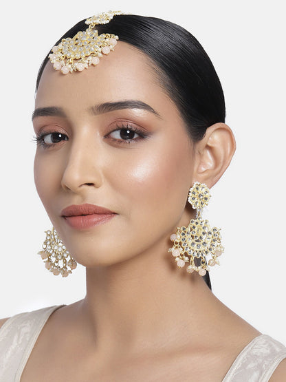 Women's Traditional Gold Plated Chandbali Kundan & Pearl Earring Set with Maang Tikka