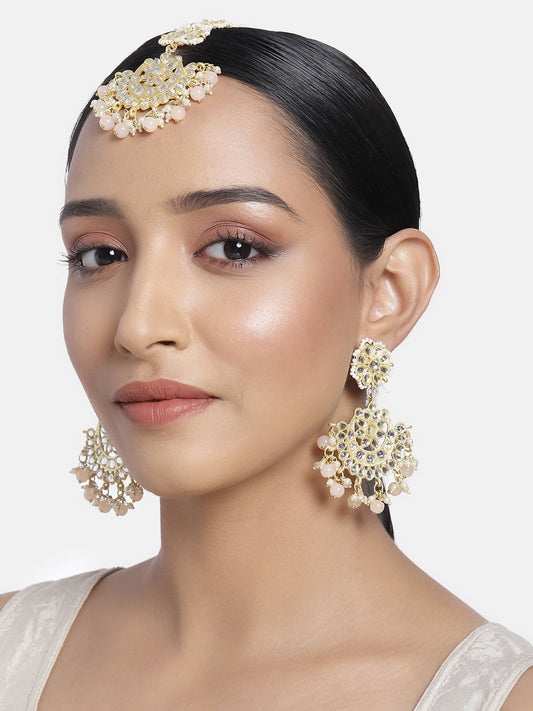Women's Traditional Gold Plated Chandbali Kundan & Pearl Earring Set with Maang Tikka