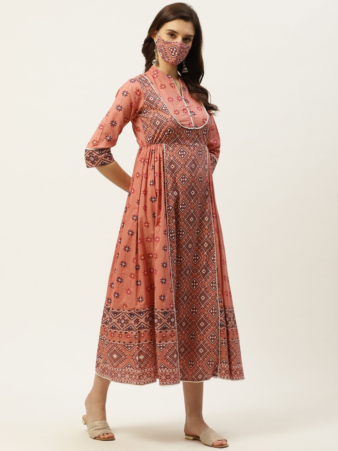 Women's Mexican Printed Flared Kurta Dress With Mask