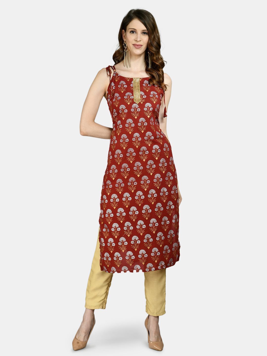 Women Maroon Printed Cotton kurta by Myshka (