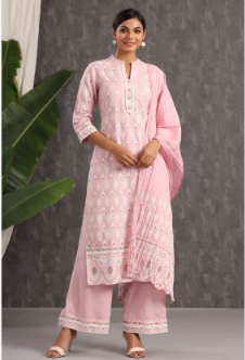 Women's Pink Rayon Printed Straight Kurta Palazzo Dupatta Set