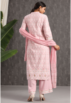 Women's Pink Rayon Printed Straight Kurta Palazzo Dupatta Set